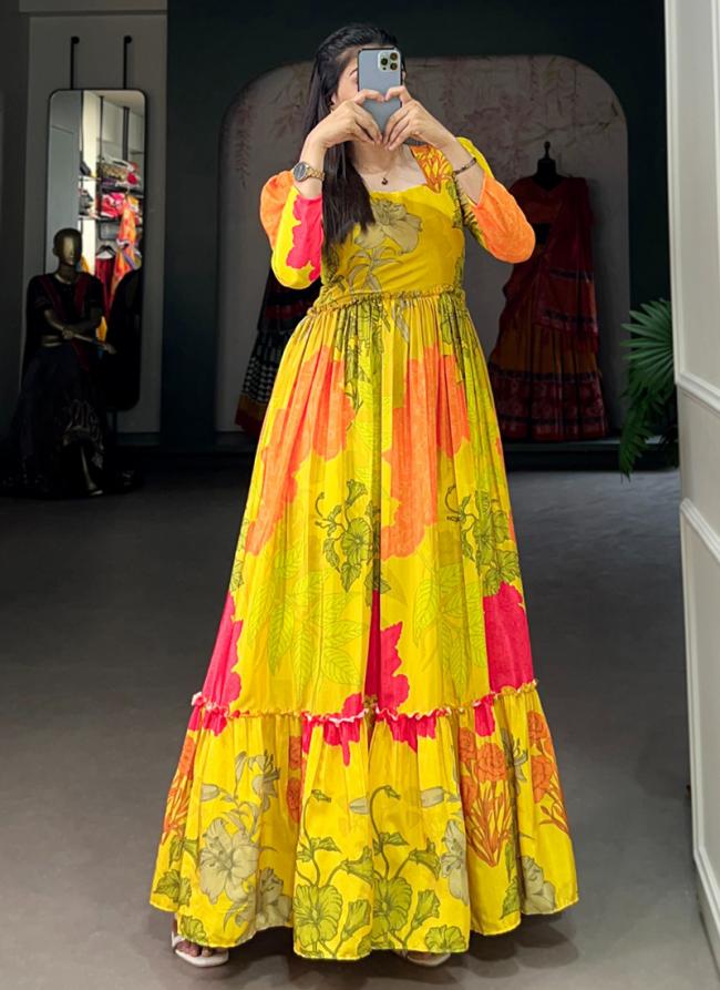 Georgette Yellow Traditional Wear Printed Readymade Dress